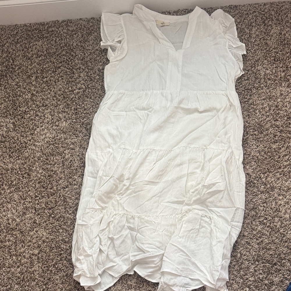 White Ruffled Tiered V-Neck Dress. With pockets